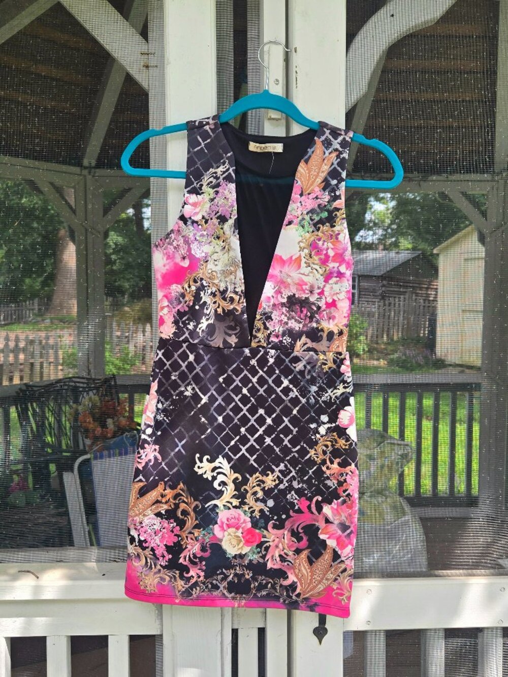 Arden B Y2K Floral Baroque Bodycon Mini Dress - Size S - Mesh Deep V-Neck